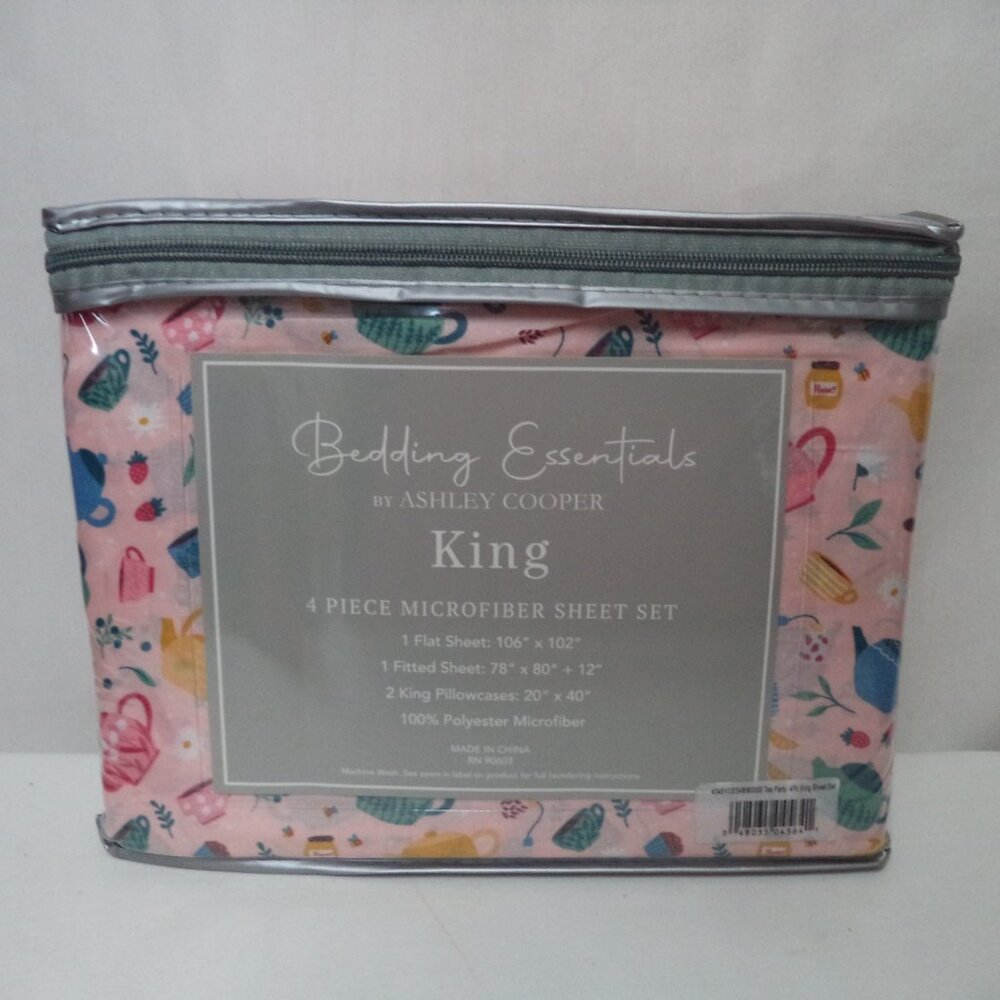 Ashley Copper Tea Party Cup pink 4 piece Micro Fiber King sheet set NEW NWT